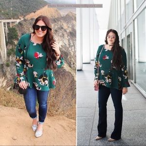 Chaus Floral Print Peplum Blouse in Green